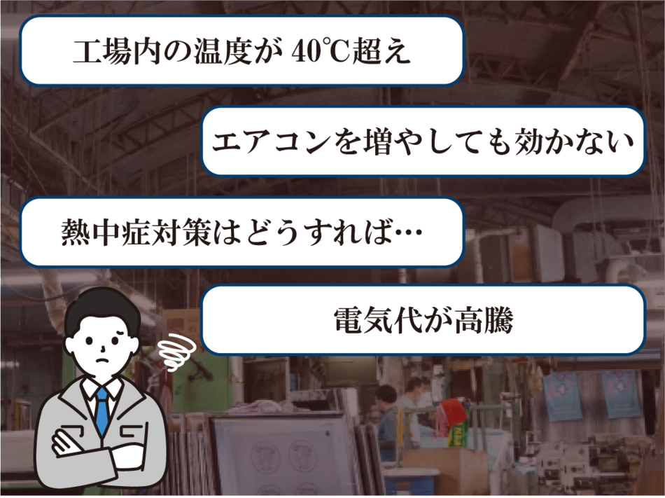 暑さに耐えれない、夏の室内温度は40℃超え 外の方が涼しい…／ 光熱費を削減したい、冷房代が高く どうにか費用を削りたい…／ 生産性が落ちる、熱中症を防ぐためにも休憩時間を増やすか…